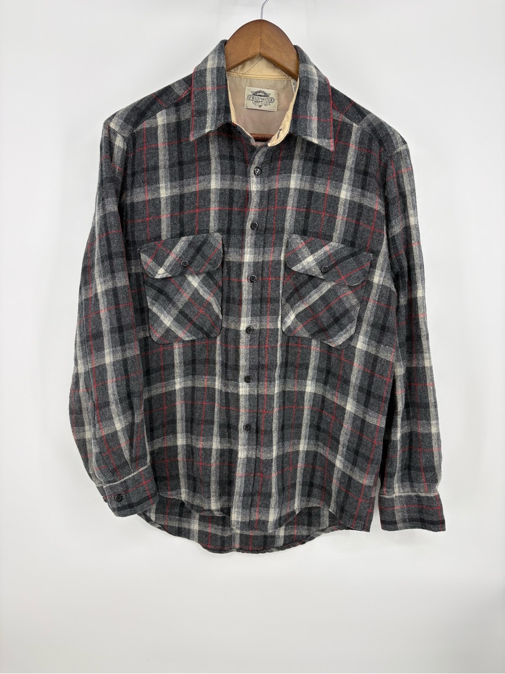 Vtg Fieldmaster Flannel Shirt Mens M Medium Gray Red Plaid Wool Blend Sears 80s